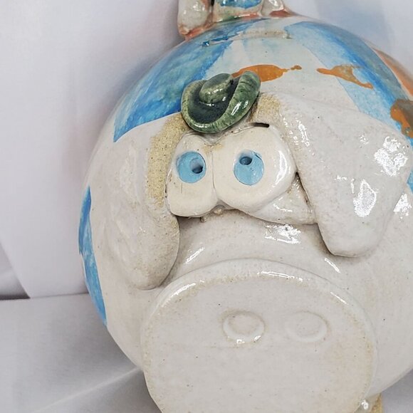 Vtg Piggy Bank Studio Art Pottery Ceramic Glazed Pig, Cowboy Hat & Large Snout - Picture 16 of 16